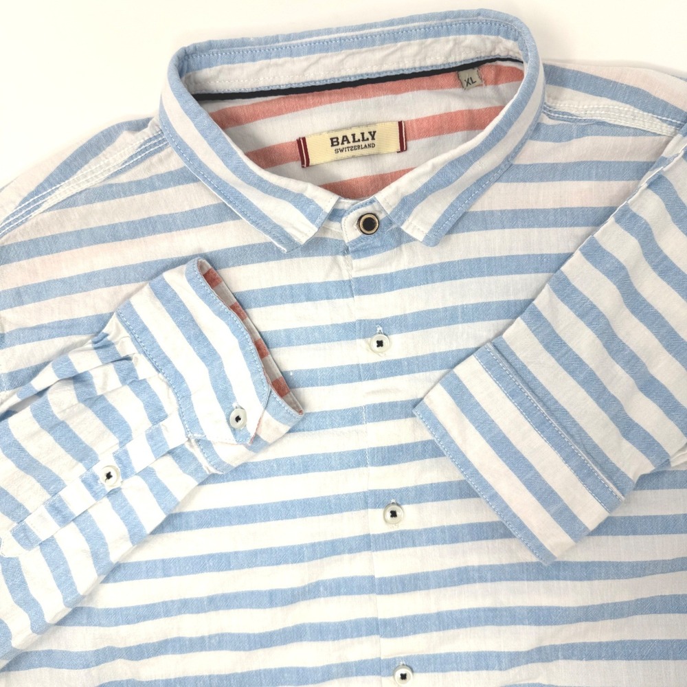 Bally Switzerland Mens XL Blue White Horizontal Stripe Cotton Button Down Shirt